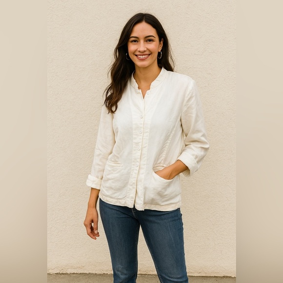 Eileen Fisher Mandarin Collar Linen Blazer Jacket Button Front White 1X - Picture 1 of 12